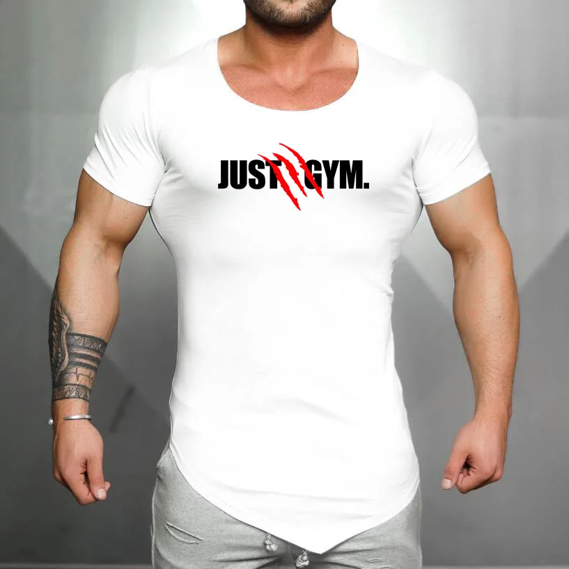 Men Casual Fitness Gym Bodybuilding Sport Running T-Shirt Summer Cotton Breathable Short Sleeve Shirt Fashion Irregular Hem Tops