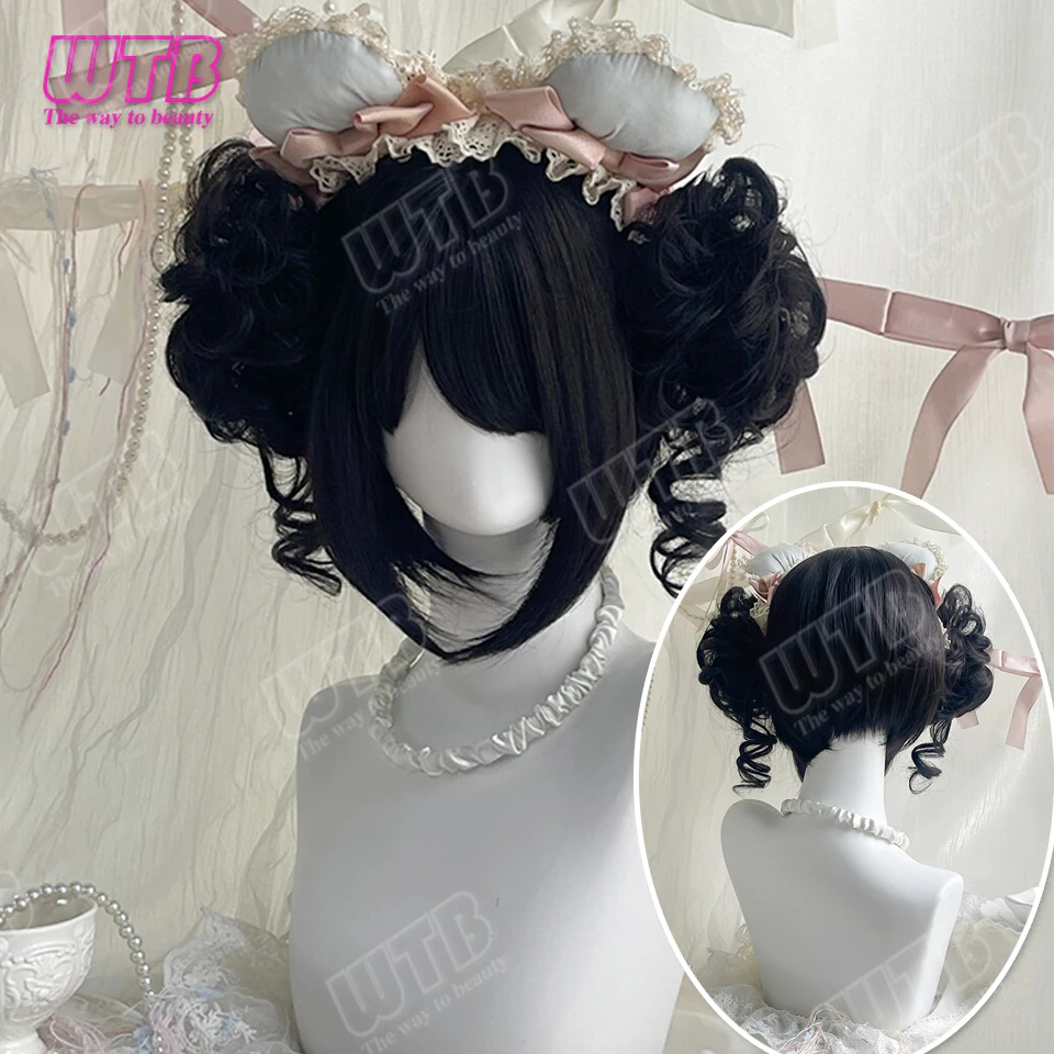 Synthetic Lolita Wig with Double Curls Bun Includes Sideburns Straight Bangs Suitable for Women for Daily Wear Holiday Cosplay