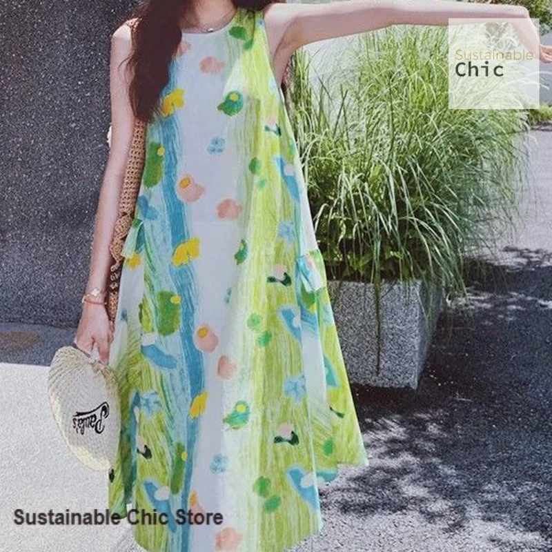 French retro dopamine graffiti college style oil painting print sleeveless dress women's summer loose casual A-word long skirt