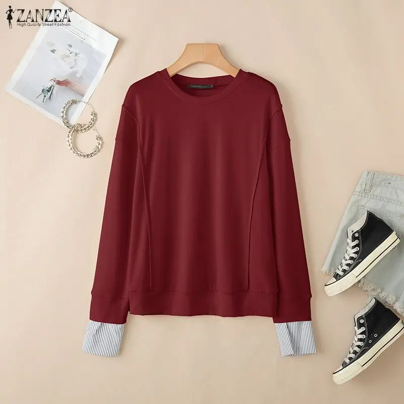 

Весенние вязаные свитшоты ZANZEA 2026: женская блузка-пуловер в стиле пэчворк, стильная офисная рубашка, повседневный топ с круглым вырезом и длинными рукавами