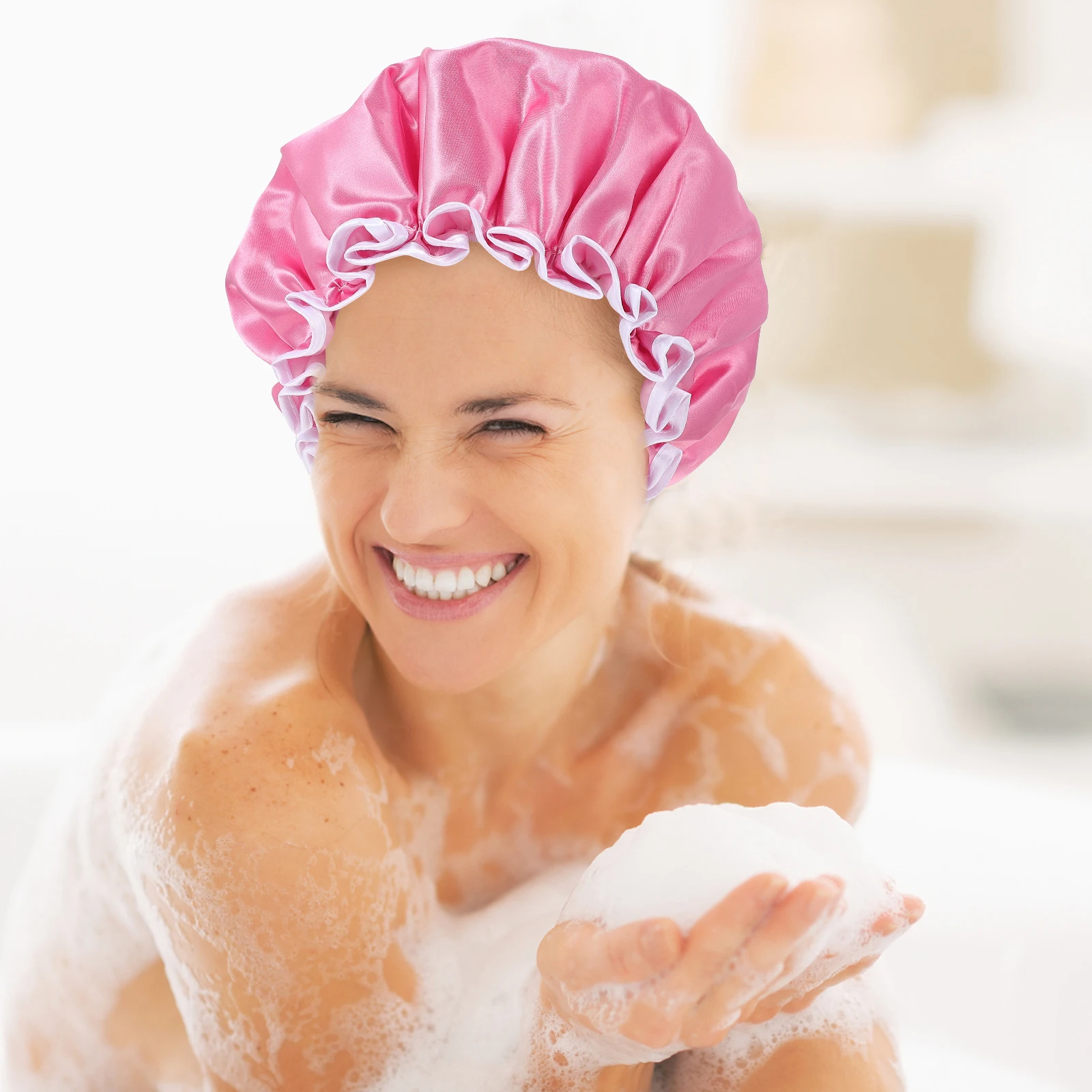 

3 Pcs Double Layer Shower Cap Satin and PE Bath Caps Washable Comfortable Bathing Shampoo Thickened Hair Makeup Large Size