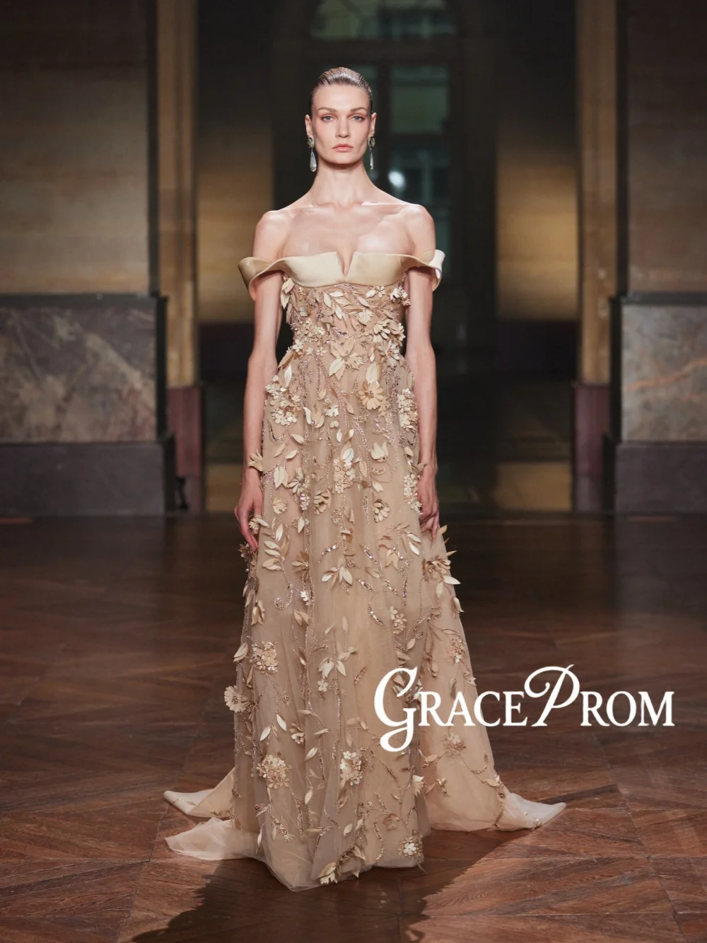 

Glamorous Beaded 3D Floral Evening Dress Luxury Off Shoulder Wedding Party Gown Customized Elegant A-line Long Red Carpet Gowns