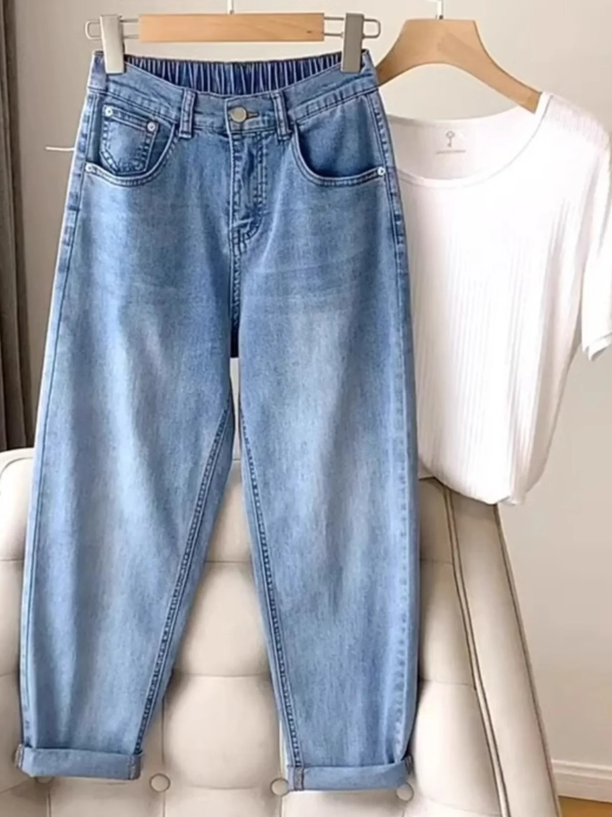 Summer New Style Thin Large Size Women's Jeans Loose Covering Meat Harlan Pants Trendy for Pear Shape Fat Sister MM