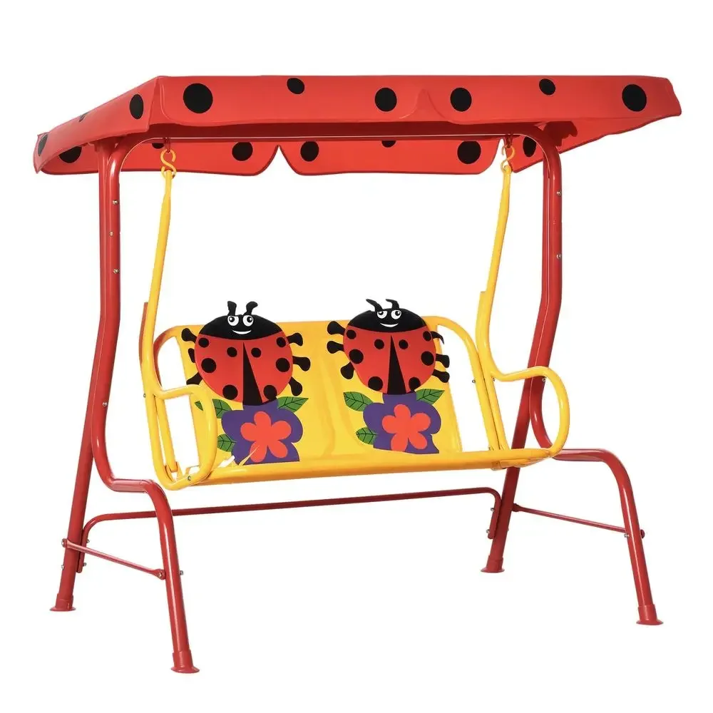 Patio Swing, 2Seater Outdoor Swing Chair with Adjustable Canopy and Safety Belt, Ladybug Pattern Hanging Swing Bench for G