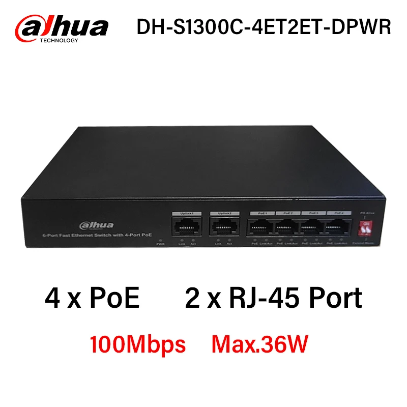 dahua-4-poe-switch-2-×-rj-45-100mbps-uplink-ieee8023af；ieee8023at-max-36w-for-2mp-4mp-8mp-network-ip-camera-plug-and-play