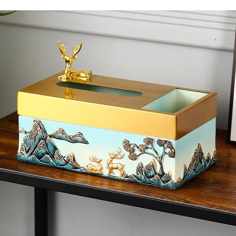 Iron Art Resin Tissue Box Rectangular Storage Deer Decoration Napkin Holder Multifunction Remote Control