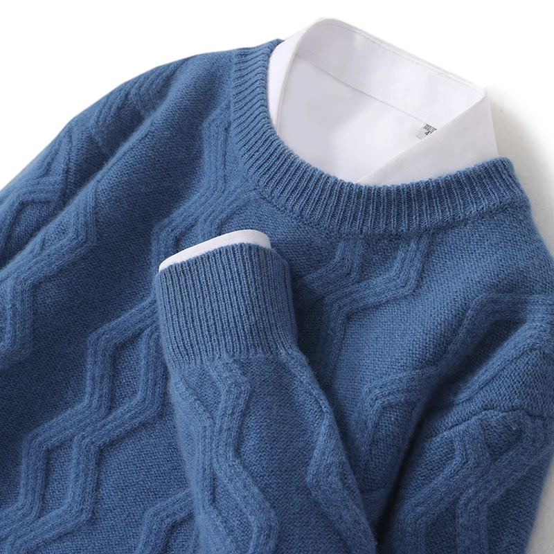 Autumn and winter new round neck thickened 100% sweater men's solid color wave loose pullover knitted bottoming shirt.