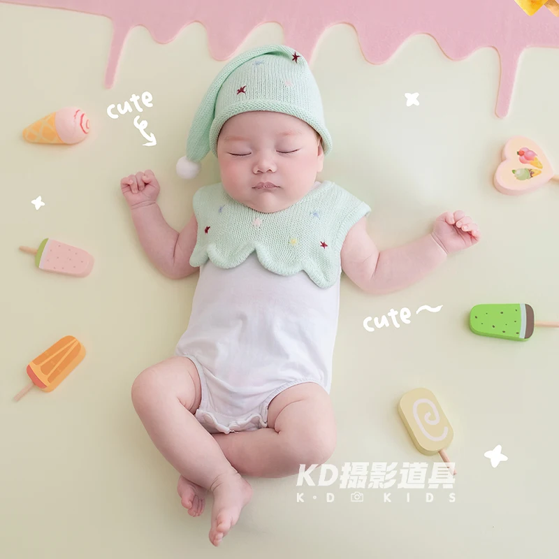 newborn-ice-cream-theme-photography-outfit-mint-green-knit-hat-vest-set-sleeveless-knit-waistcoat-baby-summer-photoshoot-costume