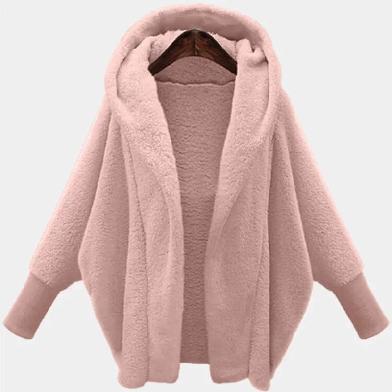 Women's Plush Fleece Hooded Cardigan Autumn Winter Solid Color Loose Long Sleeve Coat Ladies Casual Warm Teddy Jacket Outerwear