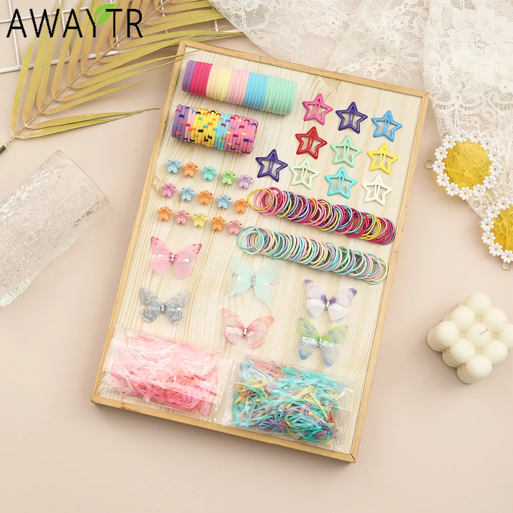 

AWAYTR 267-881pcs Colorful Hair Accessories Set Alloy Hairpin Elastic Ponytail Scrunchies Small Rubber Bands Hair Ties Headbands
