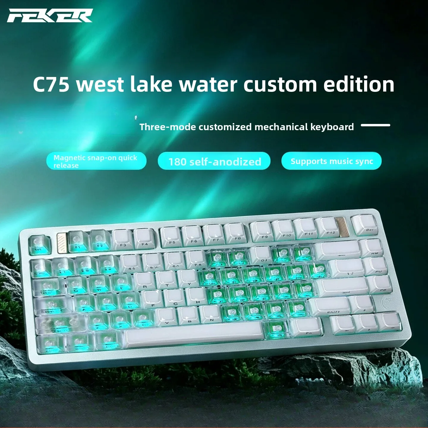 Teclado Mecânico Personalizado FEKER C75 West Lake Water Sem Fio Três Modos Alumínio RGB 8000mAh Longa Duração da Bateria Teclado para Jogos