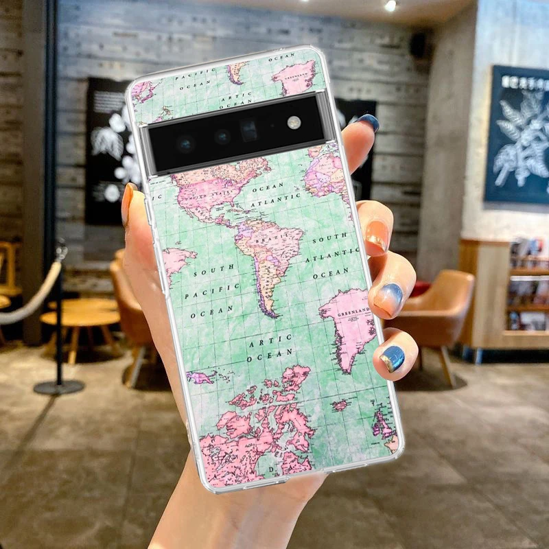 Cartoon World map scenery direction Phone Case For Google Pixel 9 Pro XL 8 7 6 Pro 8A 7A 6A 5 4 5A 4A 3A XL 5G Soft Clear Cover