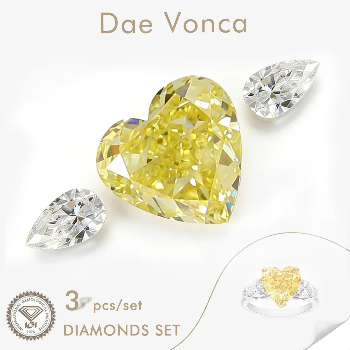 

Набор сертифицированных лабораторных бриллиантов IGI CVD/HPHT, 3 шт., свободные бриллианты, желтый бриллиант огранки «сердце», в