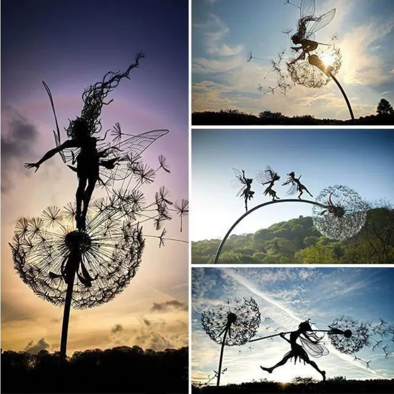 Flower Fairy Dancing with Dandelion Garden Art Sculpture Statue Decor for Outdoor Yard Courtyard Lawn Patio Metal Ornaments