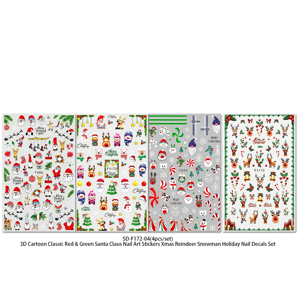 4/6Pcs 3D Christmas Nail Stickers, Red Green Santa Reindeer Snowman Decals, Multicolor Nail Supplies