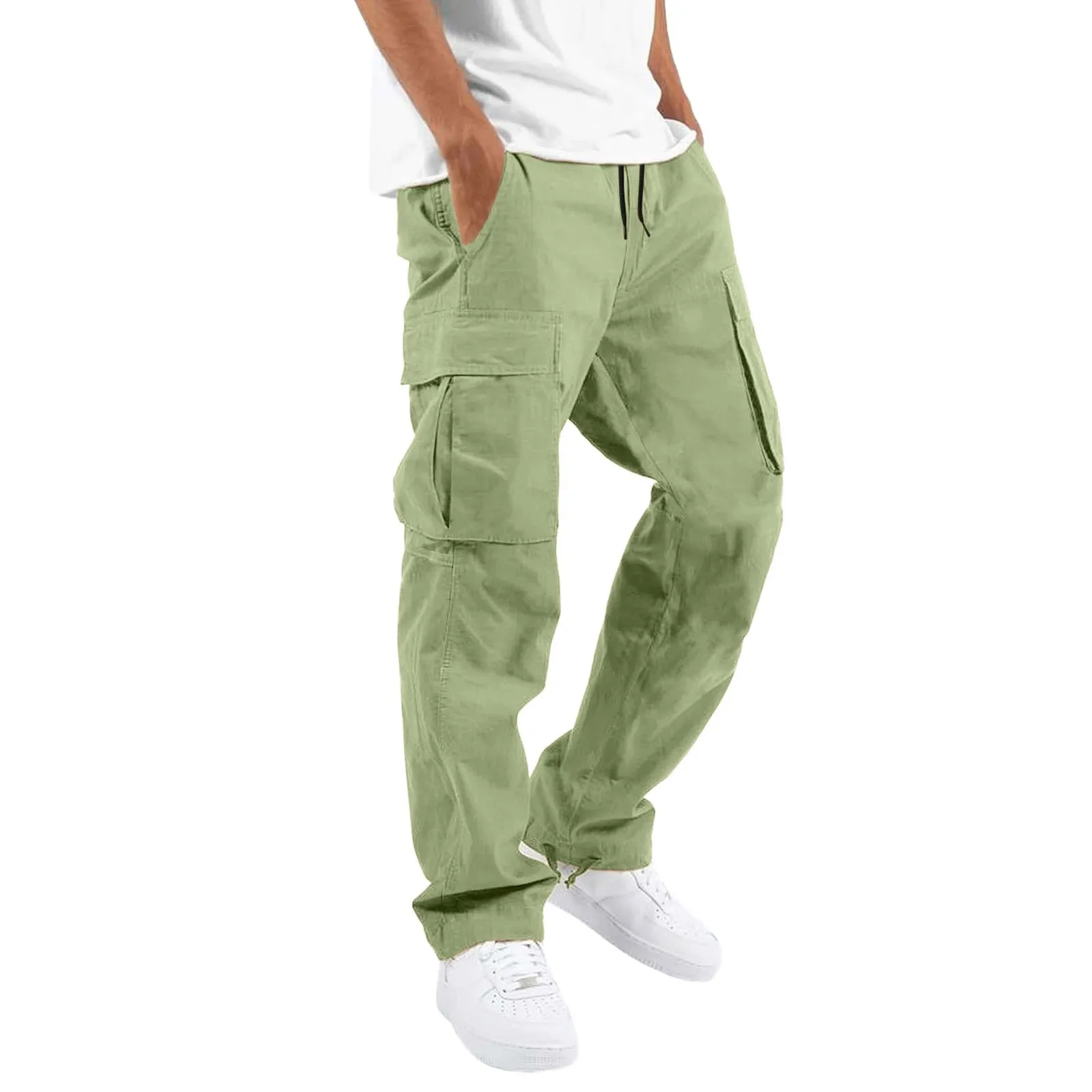 Mens Pants Solid Color Elastic Waist Pockets Straight Cargo Pants Korean Style Hip Hop Outdoor Sports Loose Trousers Pantalones