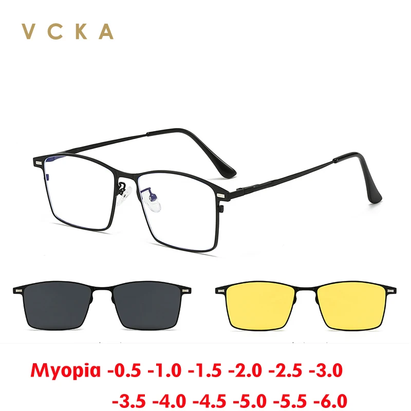 VCKA 3 in 1 Men Square Magnetic Polarized Myopia Sunglasses Women Driving Custom Prescription OpticsGlasses Frame -0.5 to -10