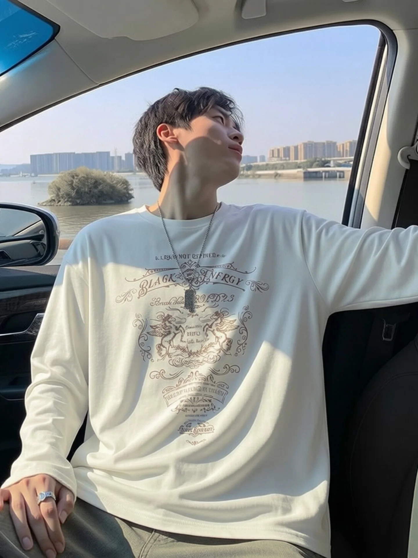 Vintage Angel Print Long Sleeve Loose Men's T-shirt White Base Layer Casual Cover up Spring Autumn Versatile Comfortable Fit