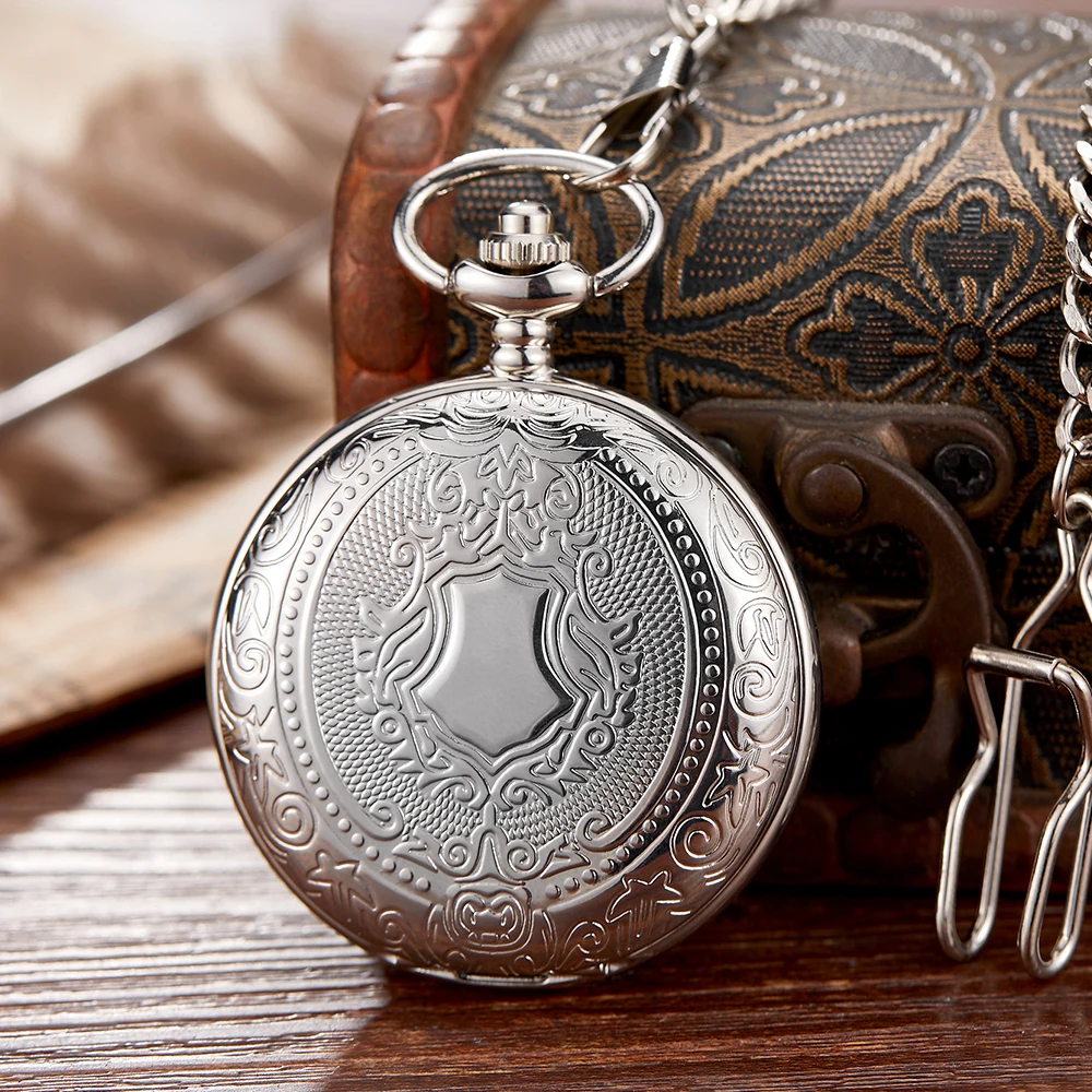 Silver Mechanical Pocket Watch for Men Double Case Open Side Skeleton Hollow Dial Luxury Roman Clock Male Women with FOB Chain