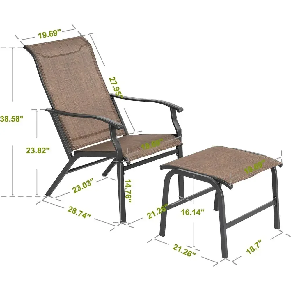 All-Weather Textilene Outdoor Chaise Lounge Chairs with Ottoman, Recliner for Patio, Deck, Backyard - Brown