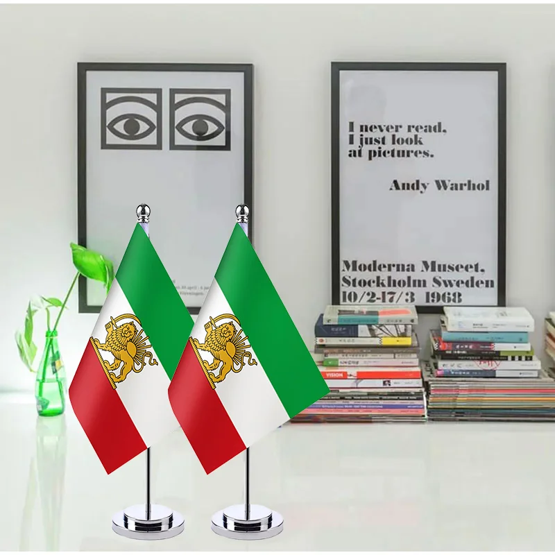 Bandera de escritorio de 14x21cm de Irán con soporte y base, bandera histórica del león y la corona, bandera de la Revolución Constitucional Antigua