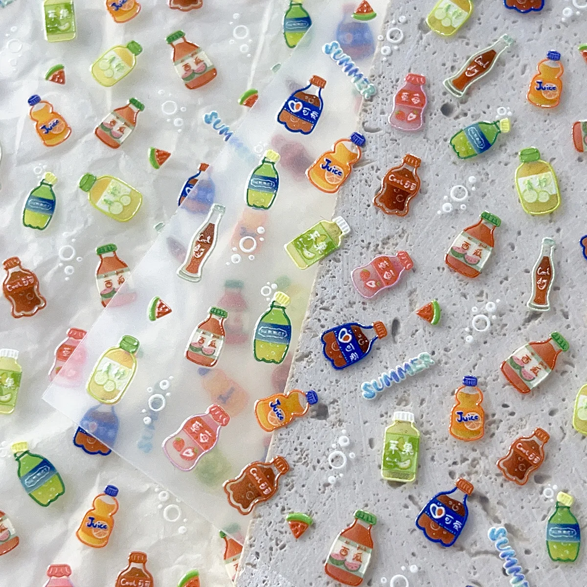 Botella de bebida de Soda en relieve, pegatina para manicura, decoración de bebidas de verano de dibujos animados bonitos, pegatina artística para uñas