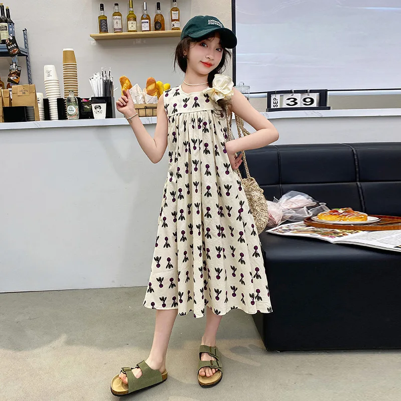 

Girls Skirts 2024 Summer New Childrens Clothes Foreign Style Korean Style Vest Skirt Summer Flowers Sleeveless Skirt Casual