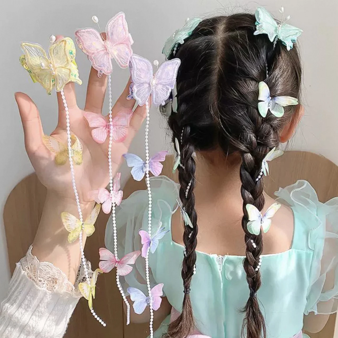 2 шт./компл., заколка для волос с жемчугом и бабочкой, плетеная цепочка для волос принцессы для девочек с кисточками, заколка для волос, милый детский головной убор, детский аксессуар для волос