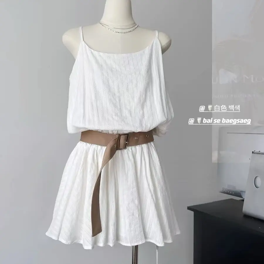 Korean Style Summer Vintage Mori Girl Mini Solid Color Dress With Belt 2000s Women Frock Evening Dress