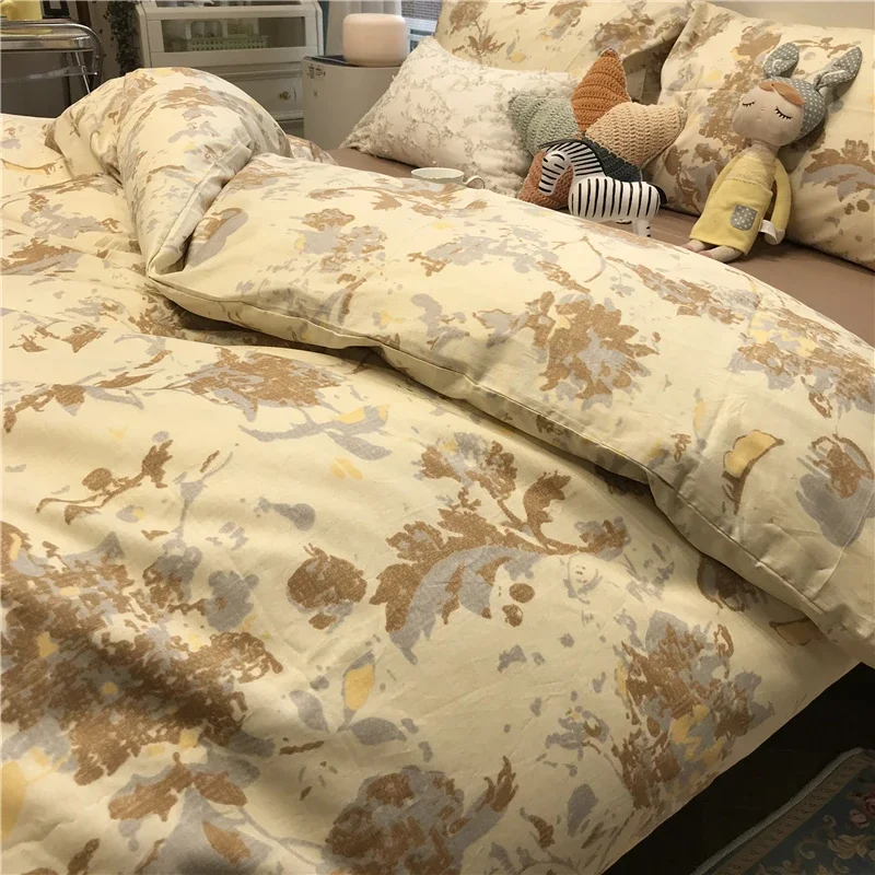 

ins retro flower brown bed four-piece cotton pure cotton quilt cover brown