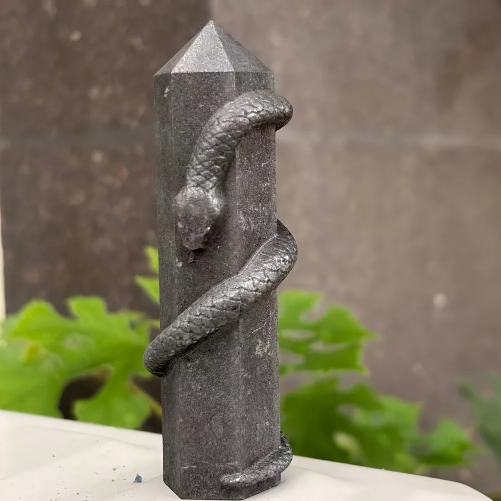 New Natural Stone Shungite Snake Tower Point Wand Minerals,Shungite Tower With Snake Carving, Home Decoration