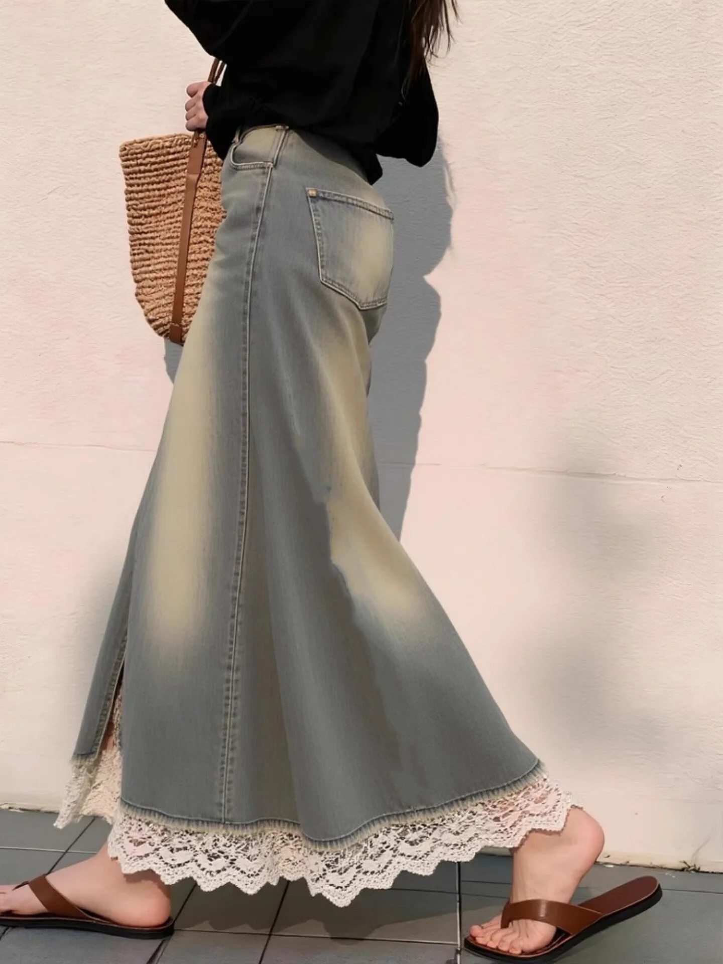 

High Waist Lace Trimmed Denim Skirt Women's Mid-Length A-Line Skirt Grey plus Size Spring Summer Fashion Commute