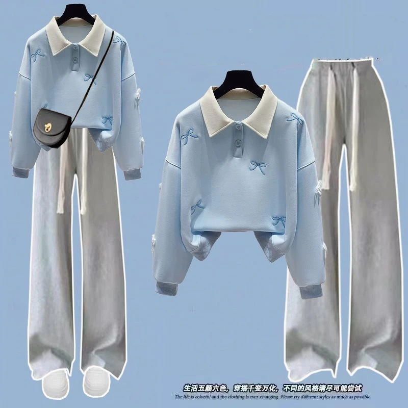 

Женские толстовки с бантом на весну и осень в консервативном стиле, широкие брюки, костюмы из двух предметов, женские новые синие топы-поло, брюки, наряды