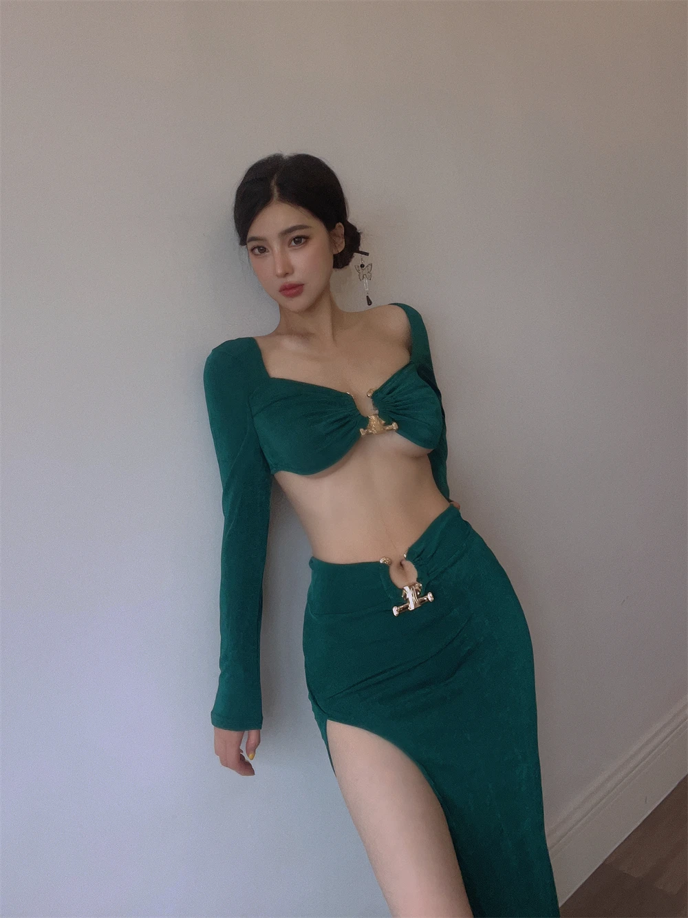 WOMENGAGA Long Sleeved Bra Metal Decorative Bandage Off Shoulder Top Sexy Split Half Two Piece Skirt Holiday Fashion Set 1WM0