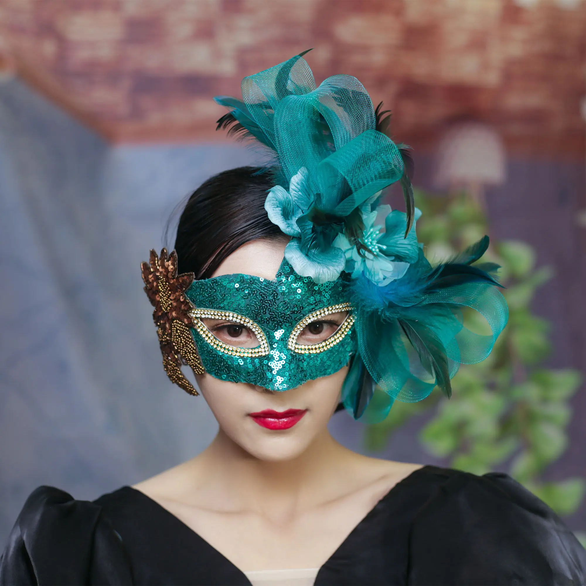 

European and American Exaggeration Venice Green Flower Mask Feather Masked King of Singers Halloween Carnival Masquerade Party