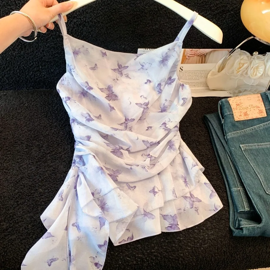 

Korean Design Sensation Pleated Sash Floral Halter Vest Women's Summer New Sweet Anti-aging Top Outerwear Casual Daily Wear