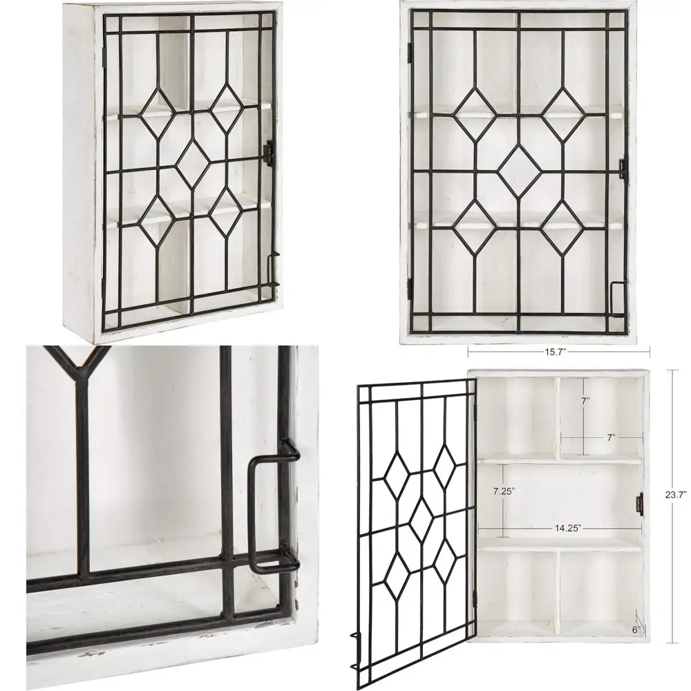 

Белый деревянный настенный шкаф для сувениров с черной железной дверью для хранения витрины