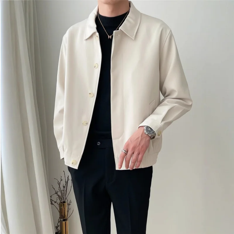 

Южная Корея2025Весна и осень Новые мужские повседневные абрикосовые цвета с отложным воротником Свободные корейские стильные модные короткие оверсайз