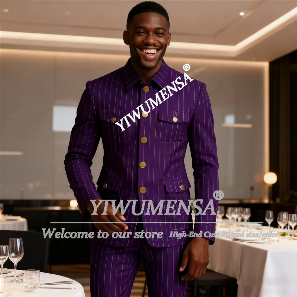 

British Style Vertical Striped Suit Men Saudi Arabia Stand Collar Jacket Pants 2 Pieces Man Customized Blazers Outfits Tuxedos