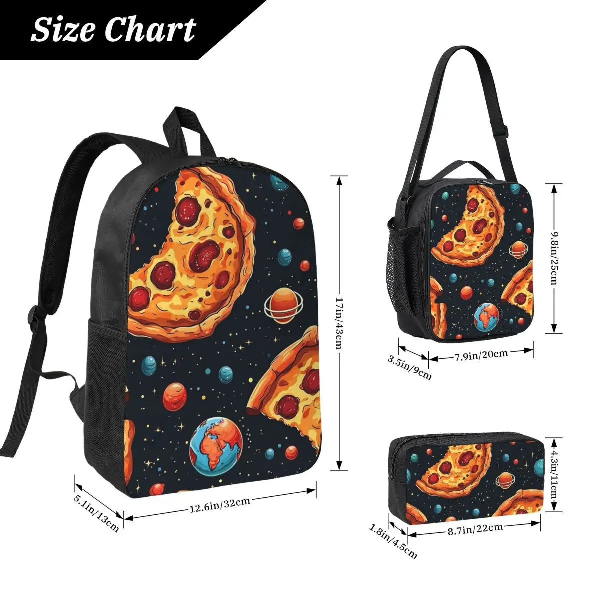 Pizza In Space Pattern Cosmic Foodie Backpack Boys Girls BookBag School Bag Shoulder Bags 3ps Insulated Lunch Bag Pencil Case