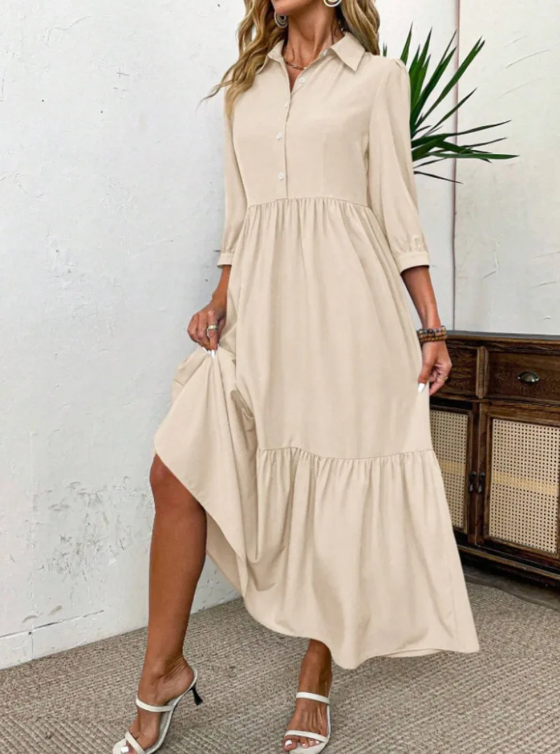 Moda feminina manga comprida solta e estilo de emagrecimento vestido camisa longa senhoras casual cor sólida lapela vestido de deslocamento