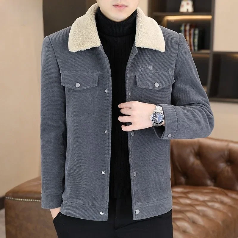 Winter New Men Thicken Lamb Fur Warm Short Woolen Coat Male Fashion Casual Large Size Jacket Solid Color Polo Collar Outwear