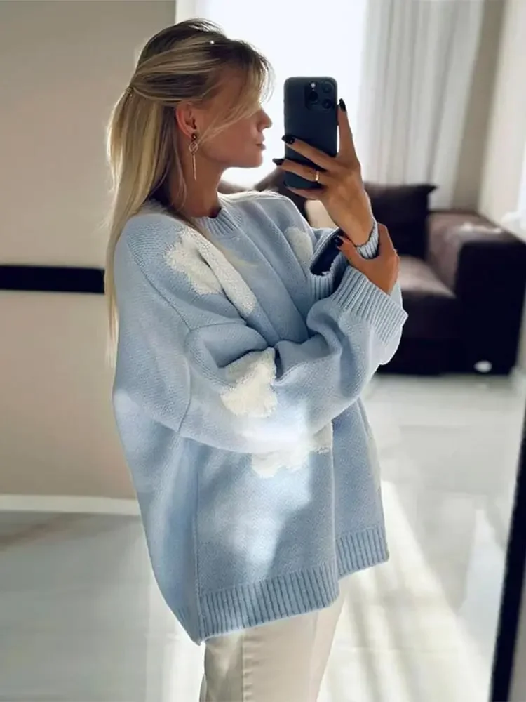 Sky Blue Cloud Printed Loose Knitted Jumper Tops Women O Neck Long Sleeve Sweaters Fashion Ladies Causal Street Pullovers 2024