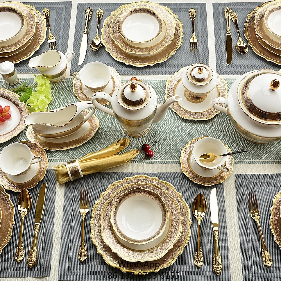 

Royal Style Golden Luxury 98 Pcs Dinner Sets Bone China Dinner Set Dinnerware Sets