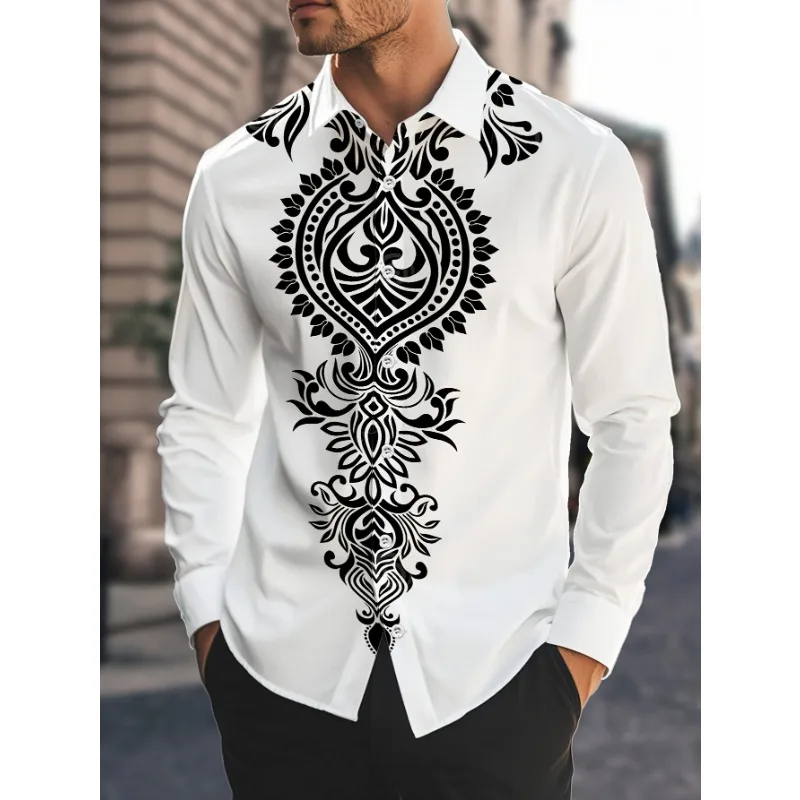 

Men's white ethnic style printed long-sleeved shirt print regular buttons four-season casual and formal elegant shirt