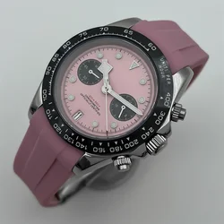 39mm VK64 quartz chronograph Men's sapphire Glass 5-pin Black pink White dial 6 o 'clock date Multicolor rubber flexible strap