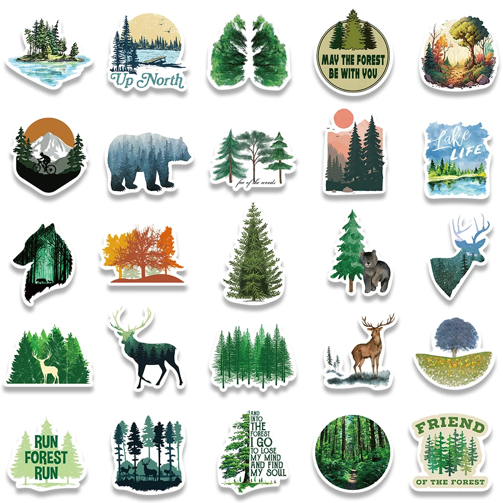 50pcs Cute Cartoon Animals Trees Forest Stickers For Laptop Phone Guitar Luggage Diary Waterproof Graffiti Vinyl Decals