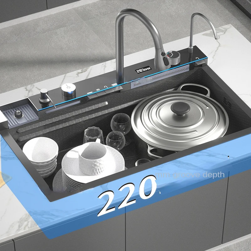 Waterfall Sink Kitchen Stainless Steel Topmount Sink Large Single Slot Wash Basin With Multifunction Touch Waterfall Faucet