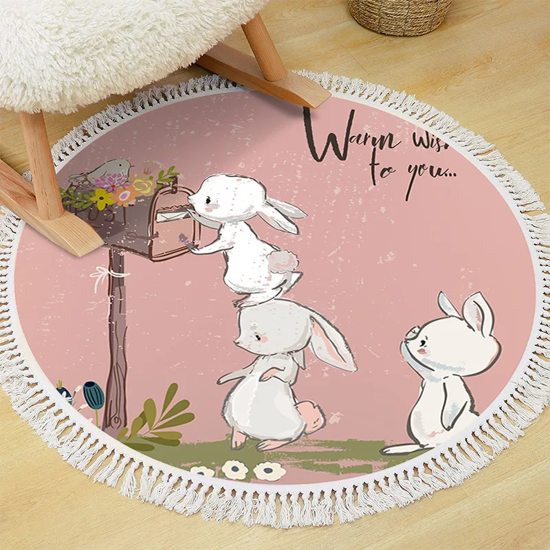 2024 New Cartoon Rabbit Polyester Cotton Handmade Tassel Weaving Carpet Cute Round Girl Bedroom Hanging Basket Floor Mat