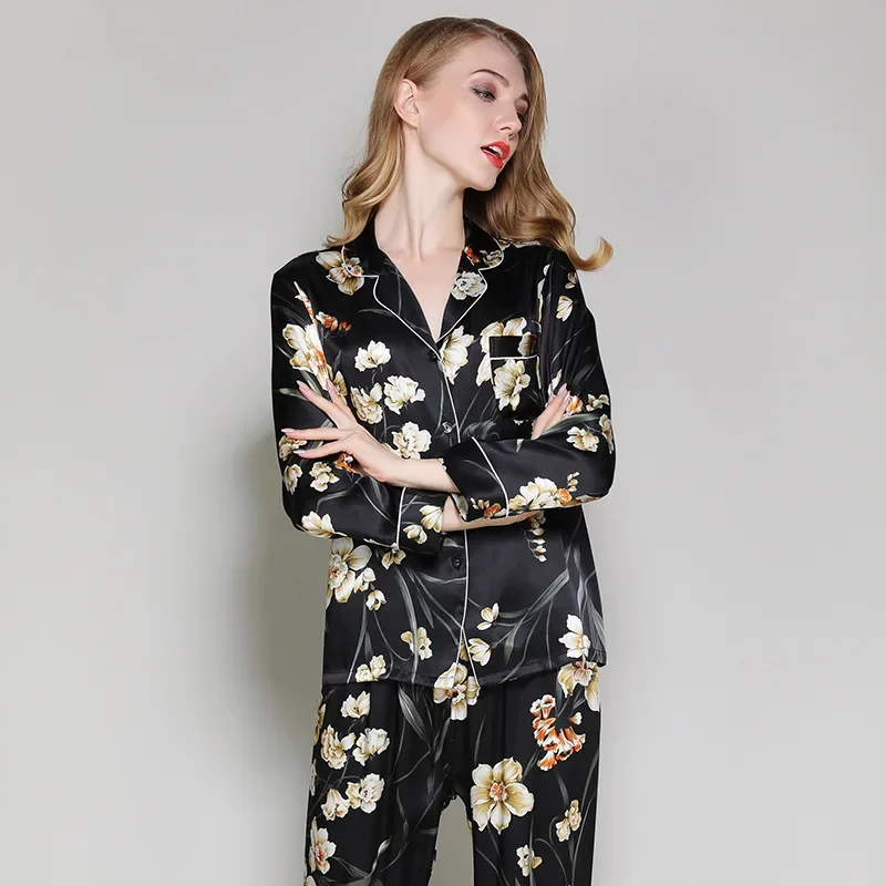 

100% Silk Pajamas Set Long Sleeve Sleepwear Women Nightwear Pj Sets Print Shirt with Trousers Loungewear Female Pyjamas Suit